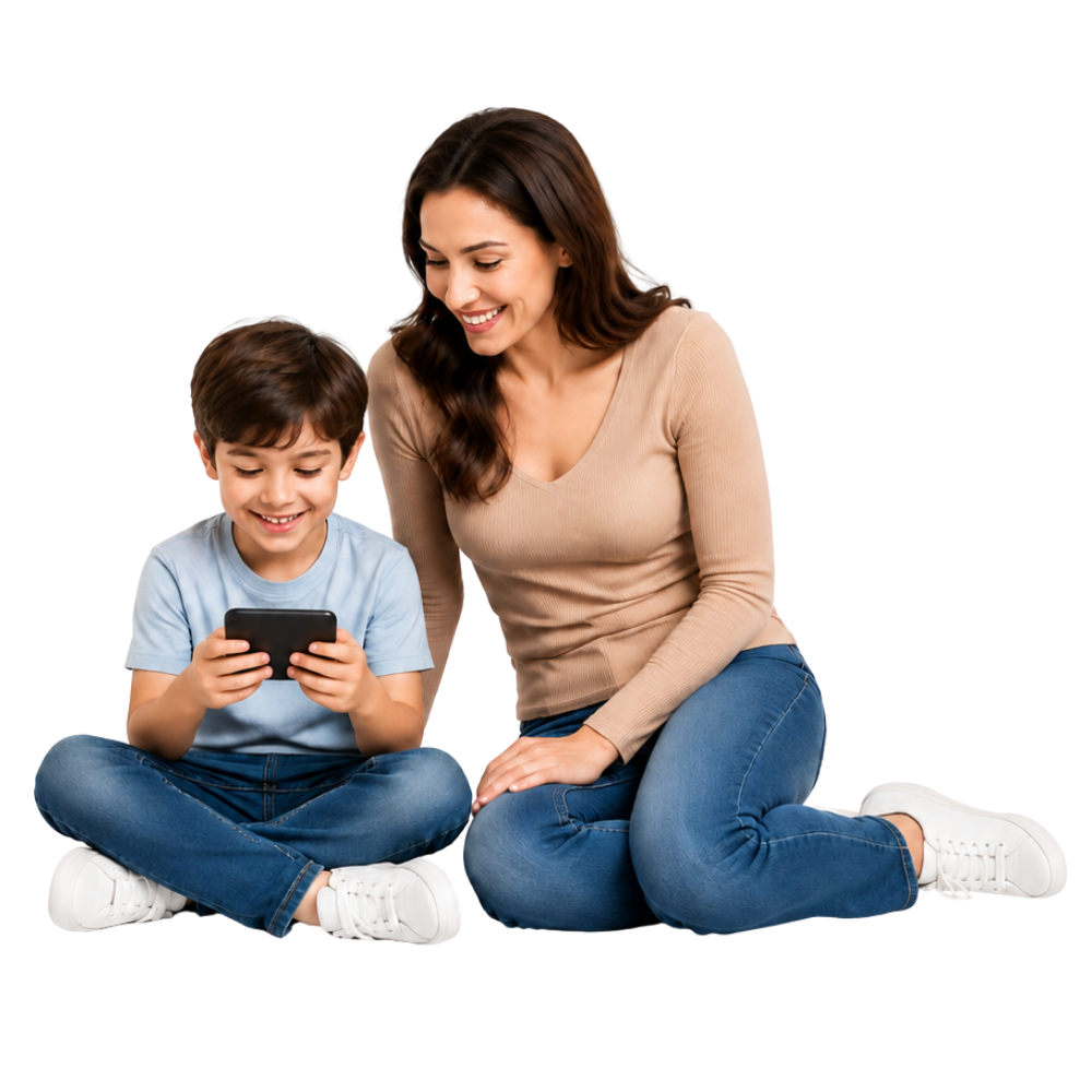 A parent and child sharing a happy moment on a phone
