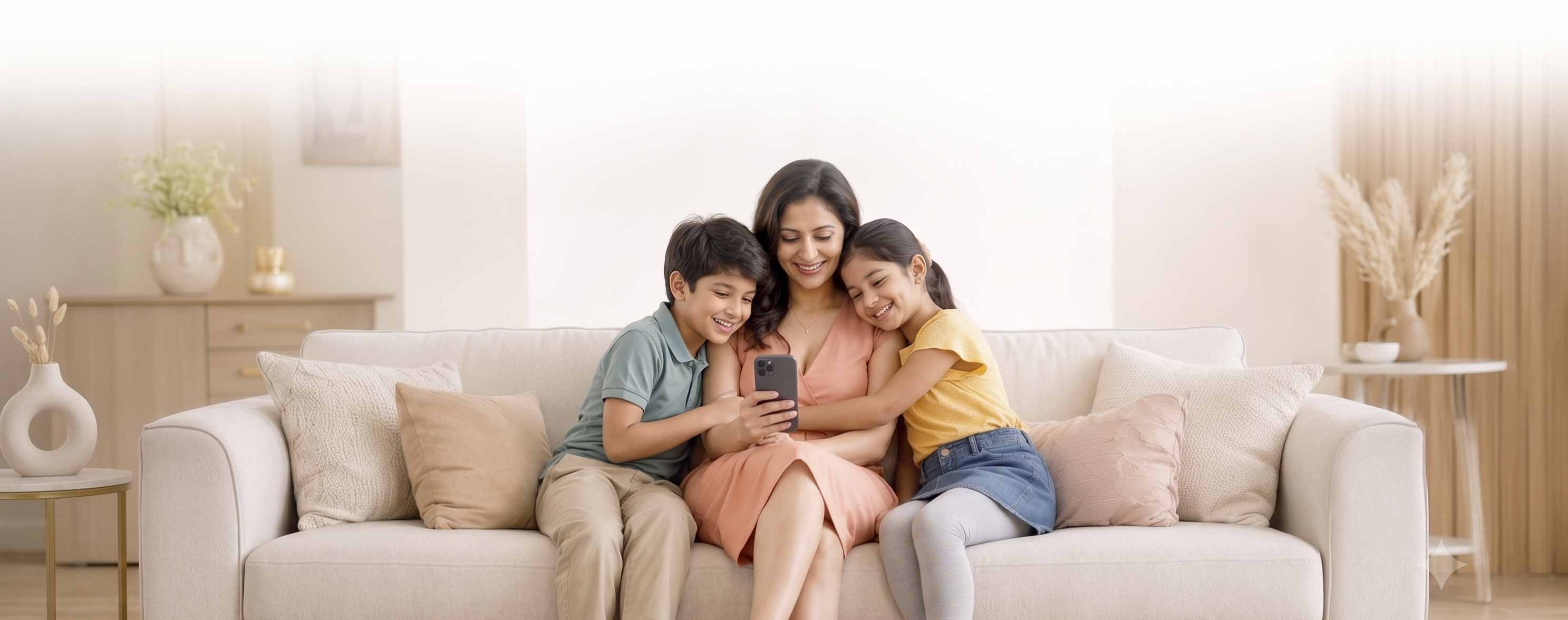 A family spending time together on the sofa