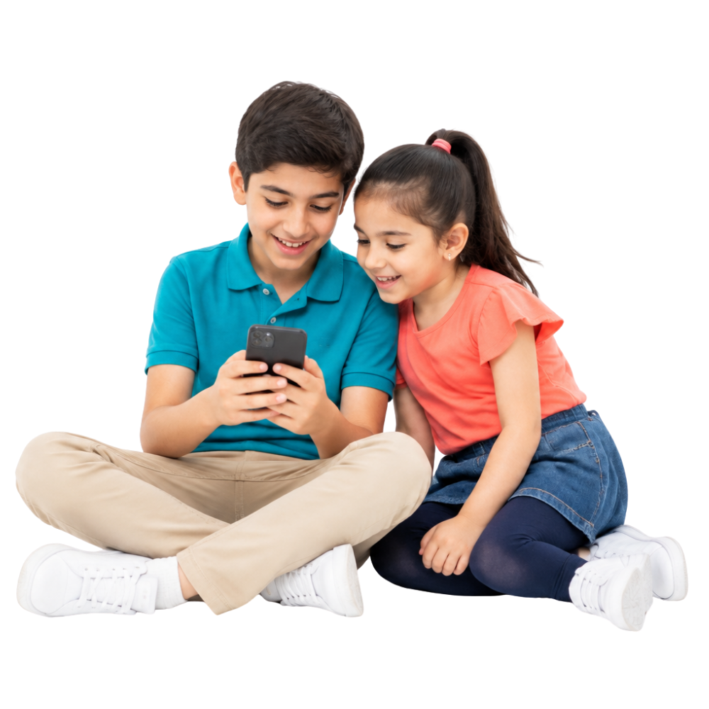 Two children safely enjoying a smartphone together