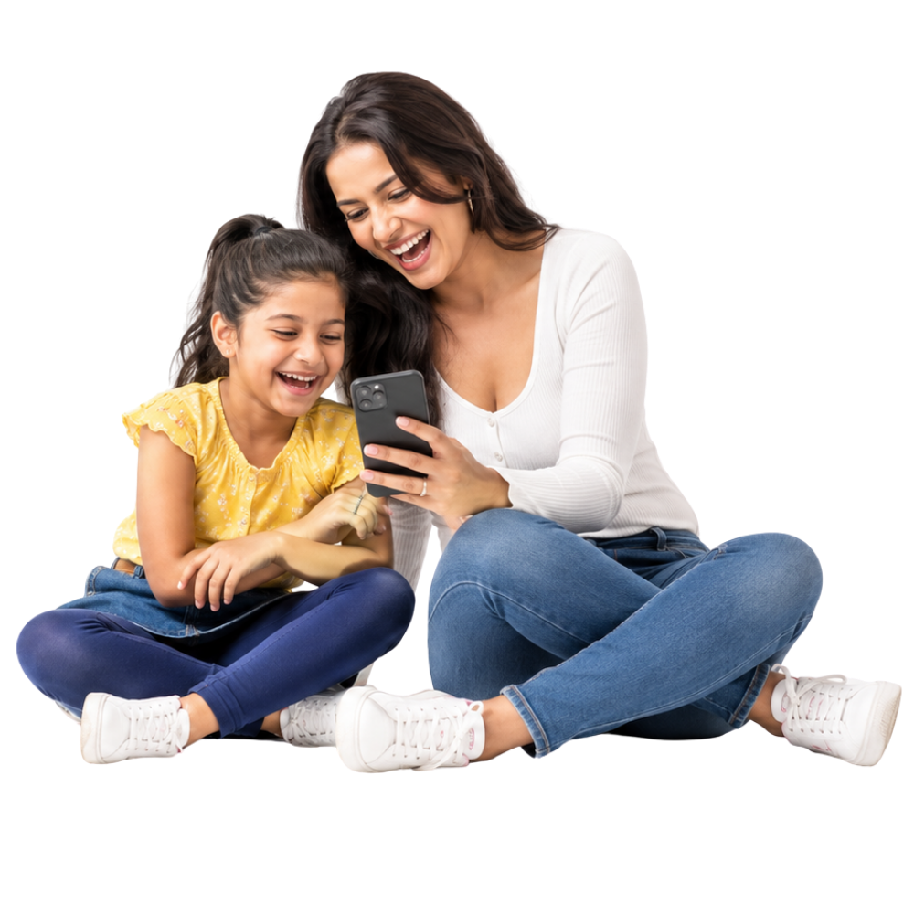 A happy parent and child using a phone